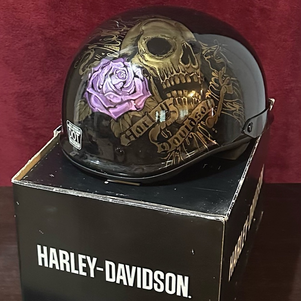Harley-Davidson Black Helmet with Skull and Purple Rose